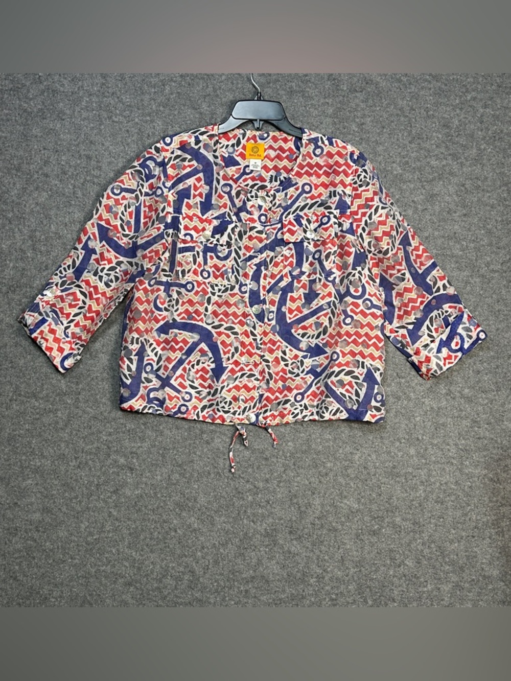 Ruby Rd. Size 12 Multicolor Nautical/Chevron Print Sheer Jacket Roll Tab Sleeve